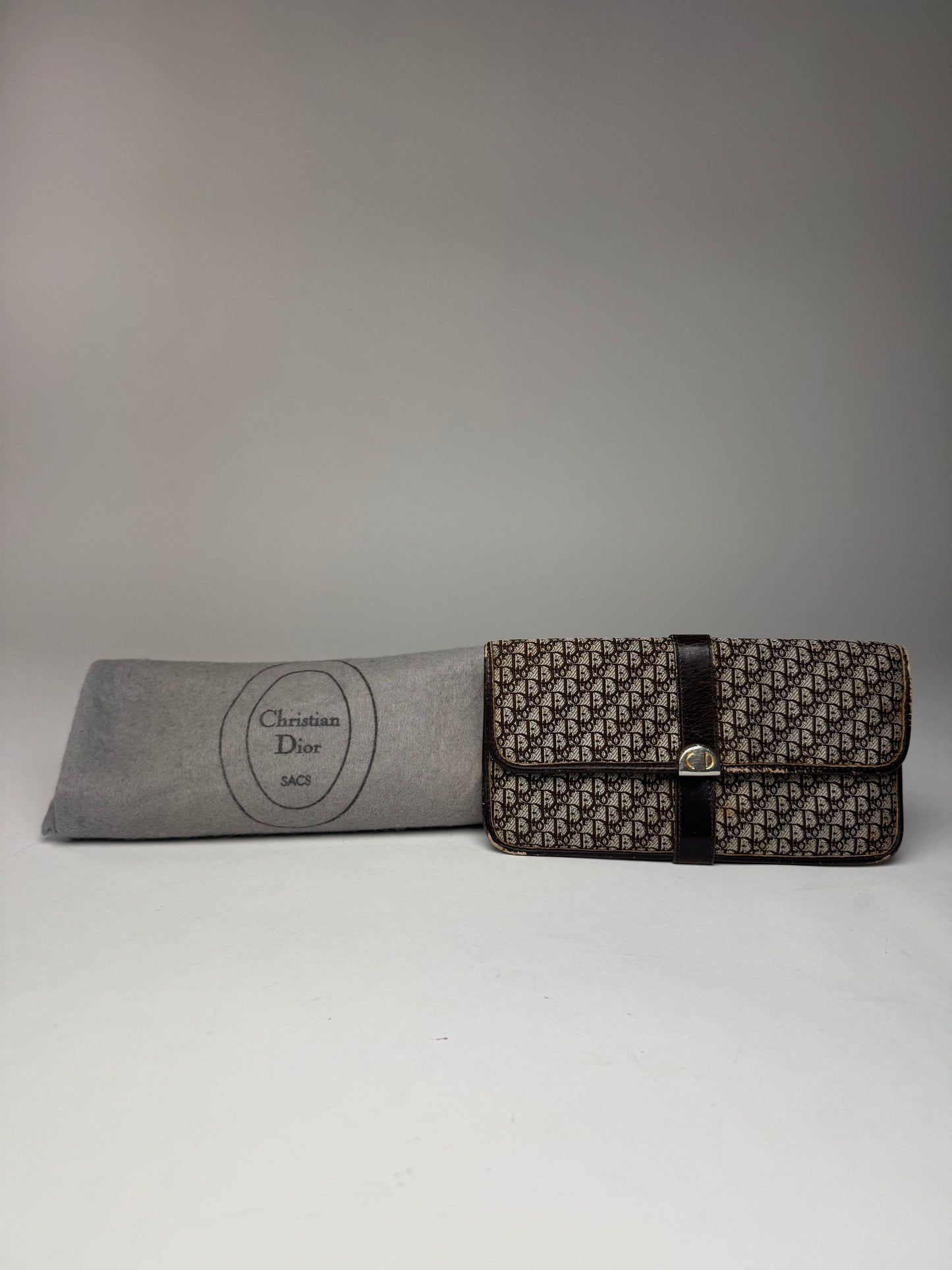 Vintage Dior Oblique Monogram Canvas Leather Belt Bag Grey Brown