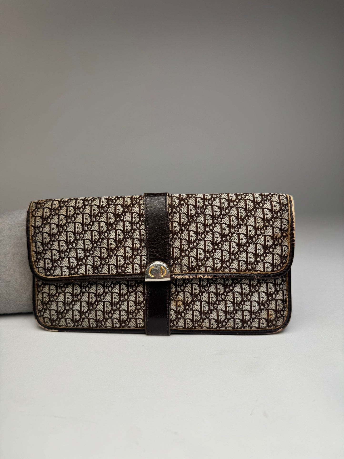 Vintage Dior Oblique Monogram Canvas Leather Belt Bag Grey Brown