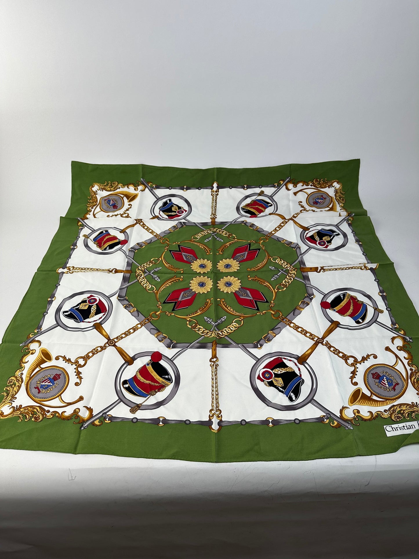 Vintage Christian Silk Foulard Scarf Green Red Gold