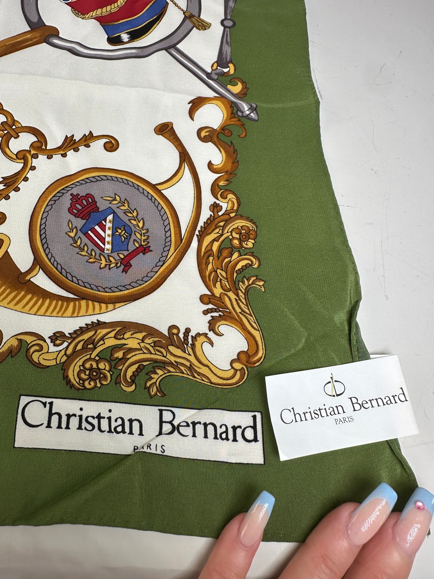 Vintage Christian Silk Foulard Scarf Green Red Gold