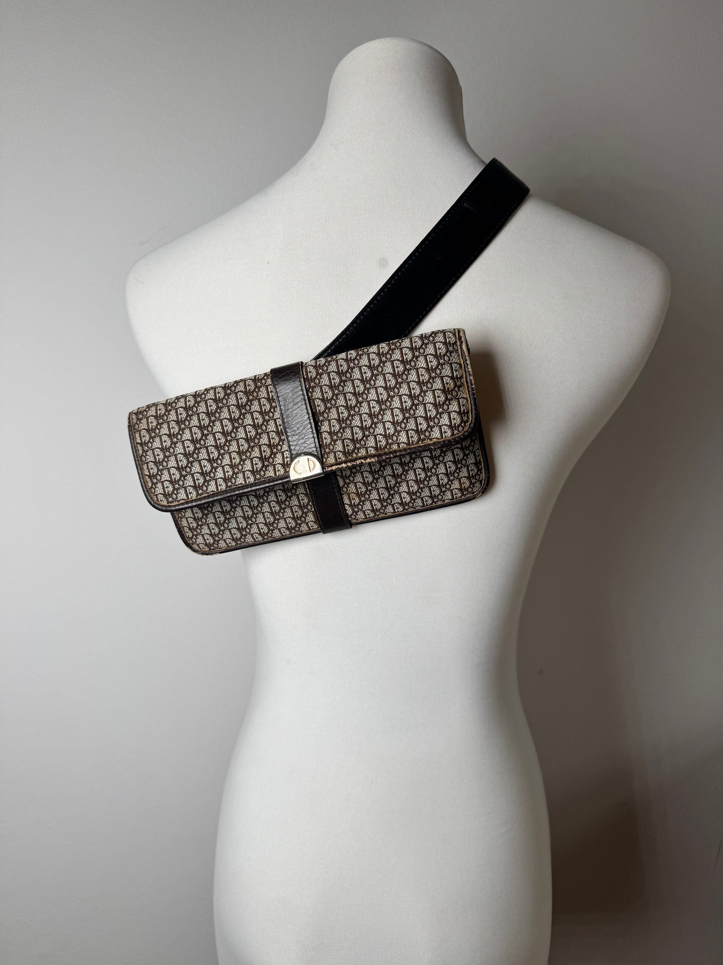 Vintage Dior Oblique Monogram Canvas Leather Belt Bag Grey Brown