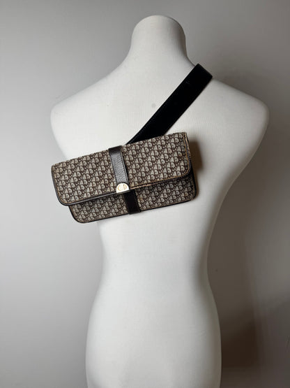 Vintage Dior Oblique Monogram Canvas Leather Belt Bag Grey Brown