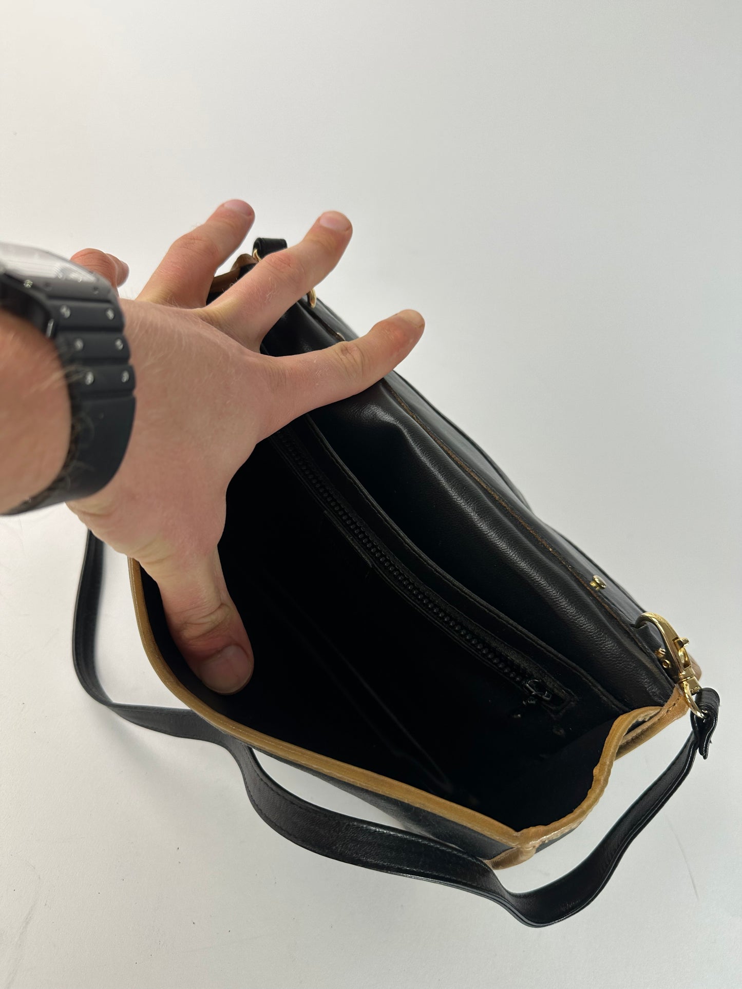 Vintage Celine Paris Triomphe Leather Shoulder Bag Black Brown