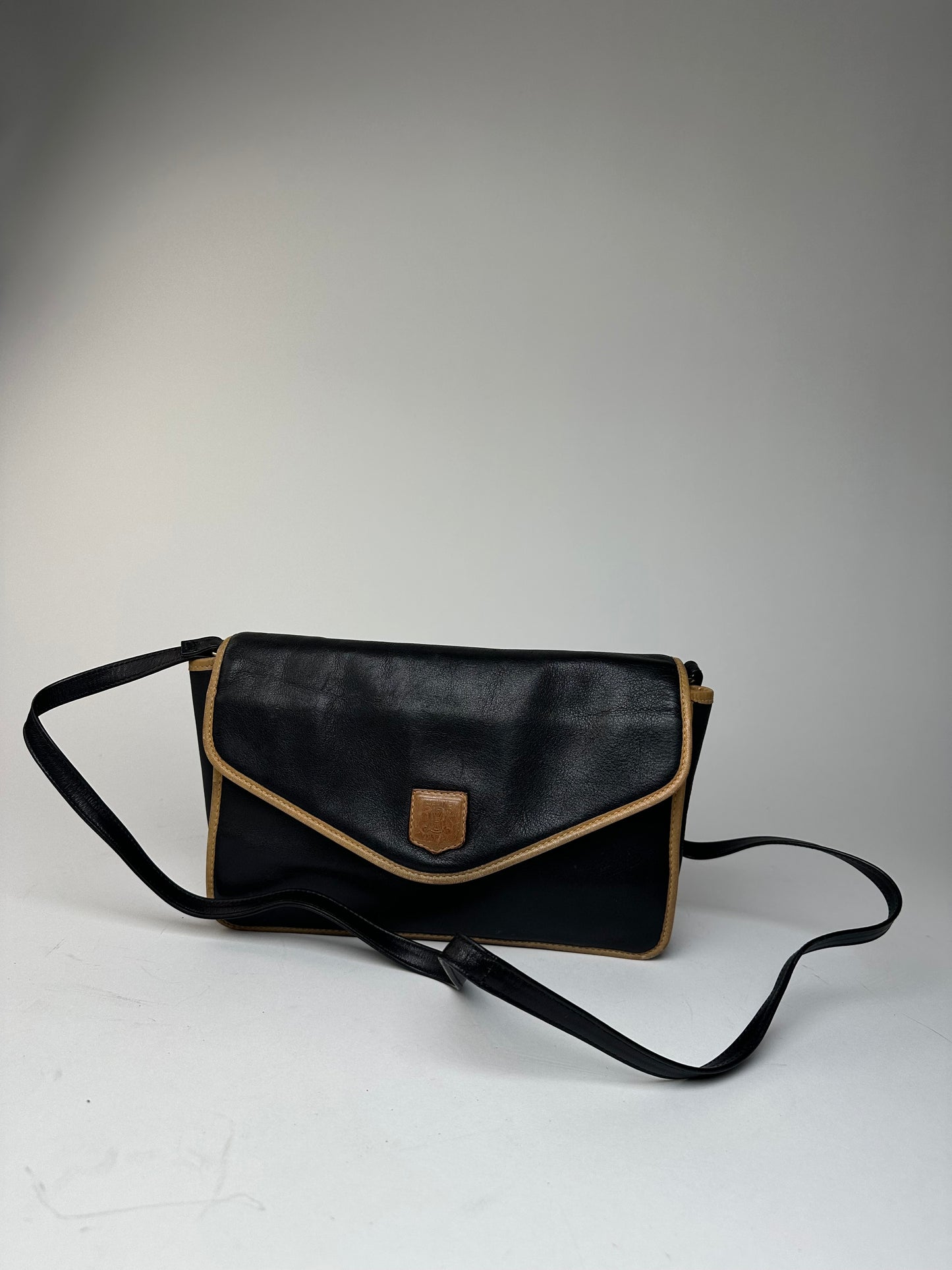 Vintage Celine Paris Triomphe Leather Shoulder Bag Black Brown