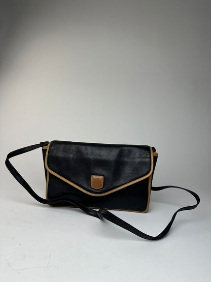 Vintage Celine Paris Triomphe Leather Shoulder Bag Black Brown