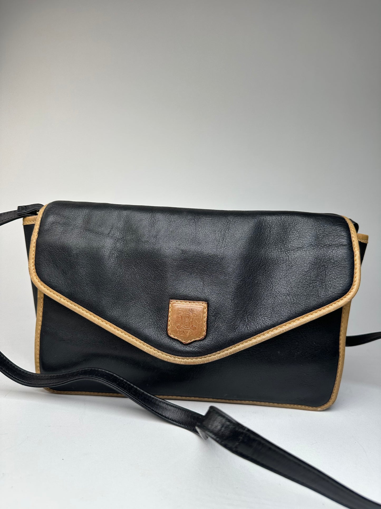 Vintage Celine Paris Triomphe Leather Shoulder Bag Black Brown