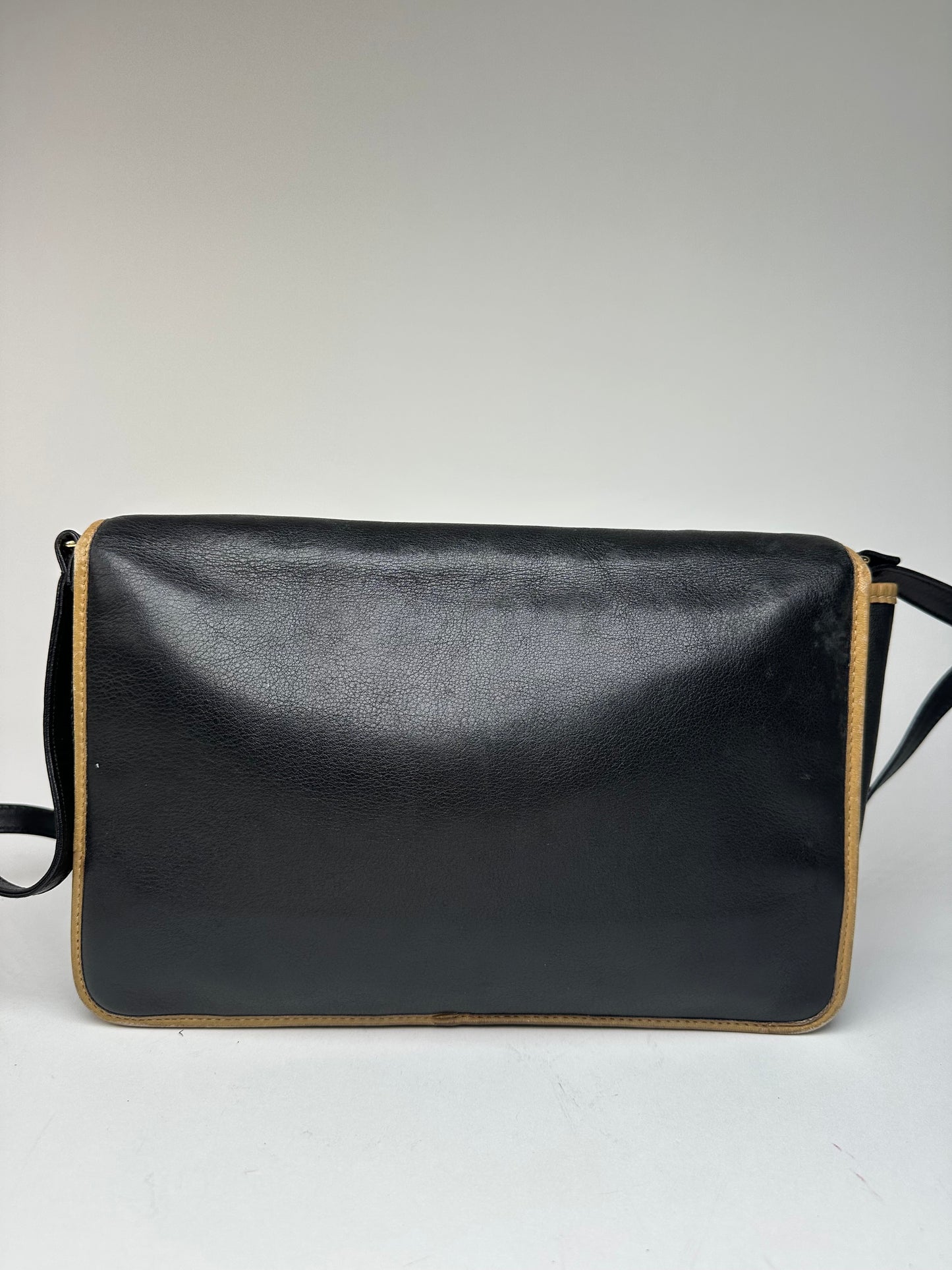 Vintage Celine Paris Triomphe Leather Shoulder Bag Black Brown