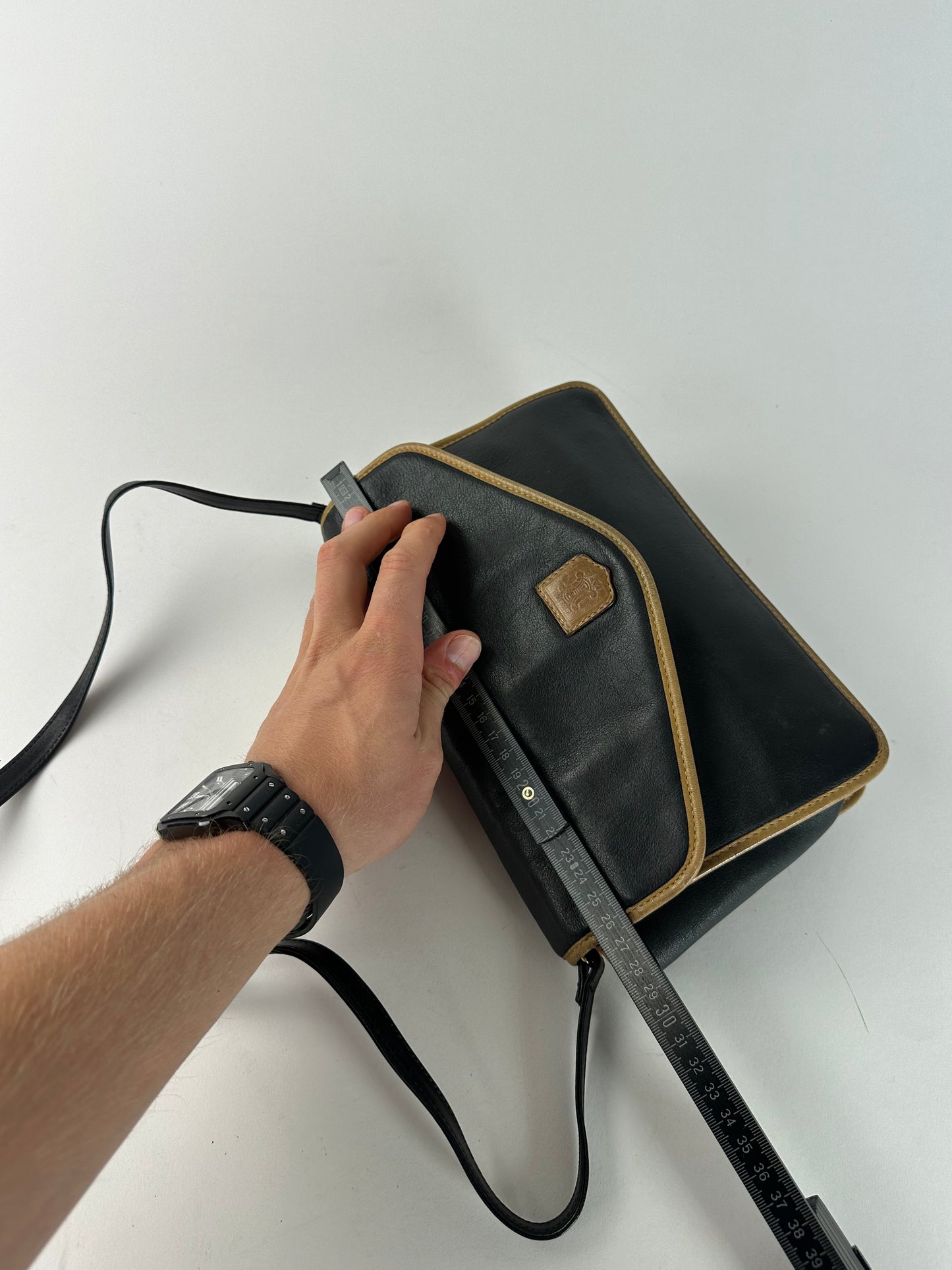 Vintage Celine Paris Triomphe Leather Shoulder Bag Black Brown