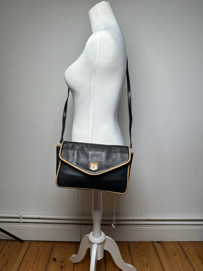 Vintage Celine Paris Triomphe Leather Shoulder Bag Black Brown