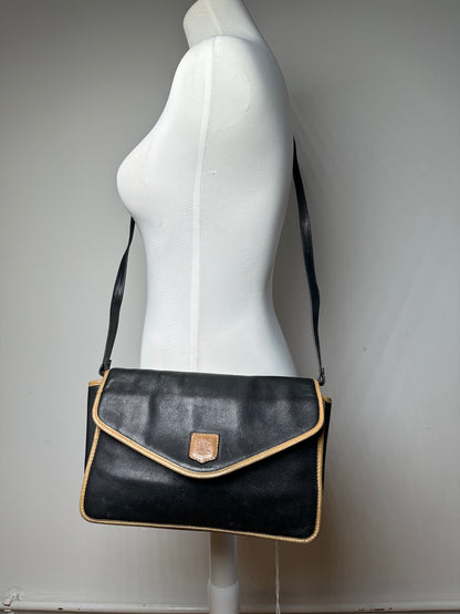 Vintage Celine Paris Triomphe Leather Shoulder Bag Black Brown