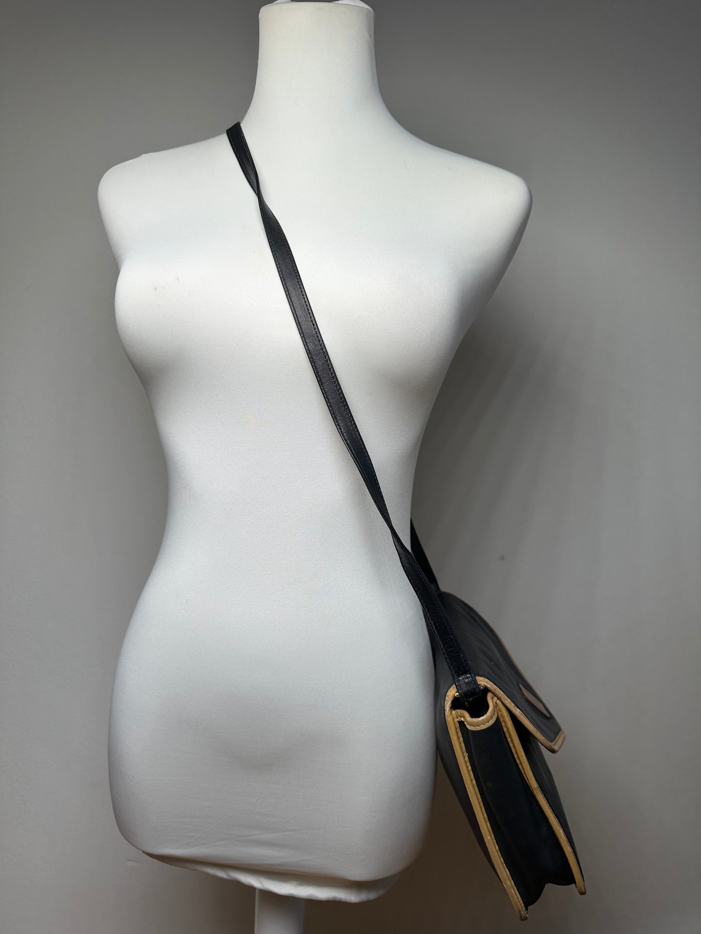 Vintage Celine Paris Triomphe Leather Shoulder Bag Black Brown