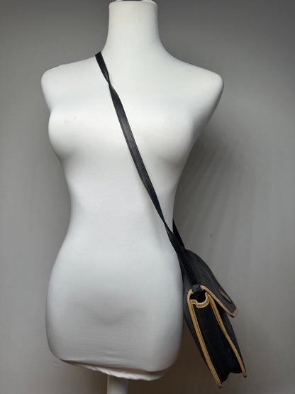 Vintage Celine Paris Triomphe Leather Shoulder Bag Black Brown