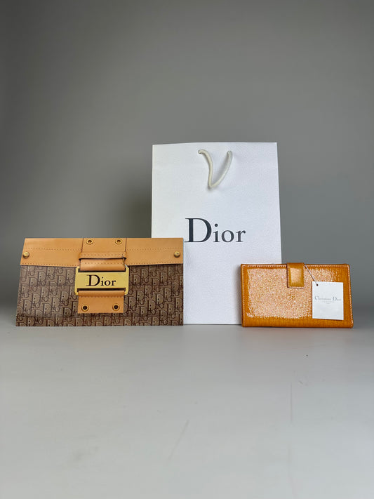 Vintage Dior Patent Logo Wallet Orange Gold