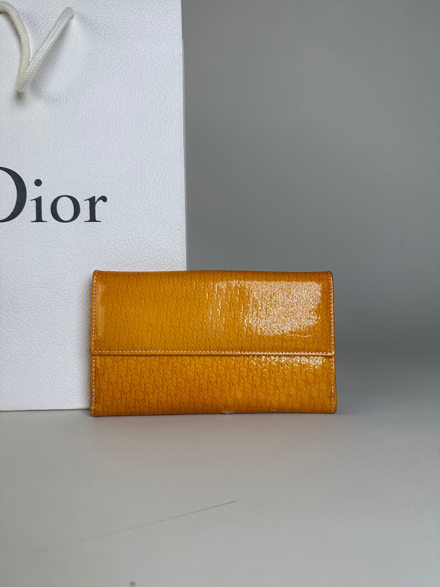 Vintage Dior Patent Logo Wallet Orange Gold