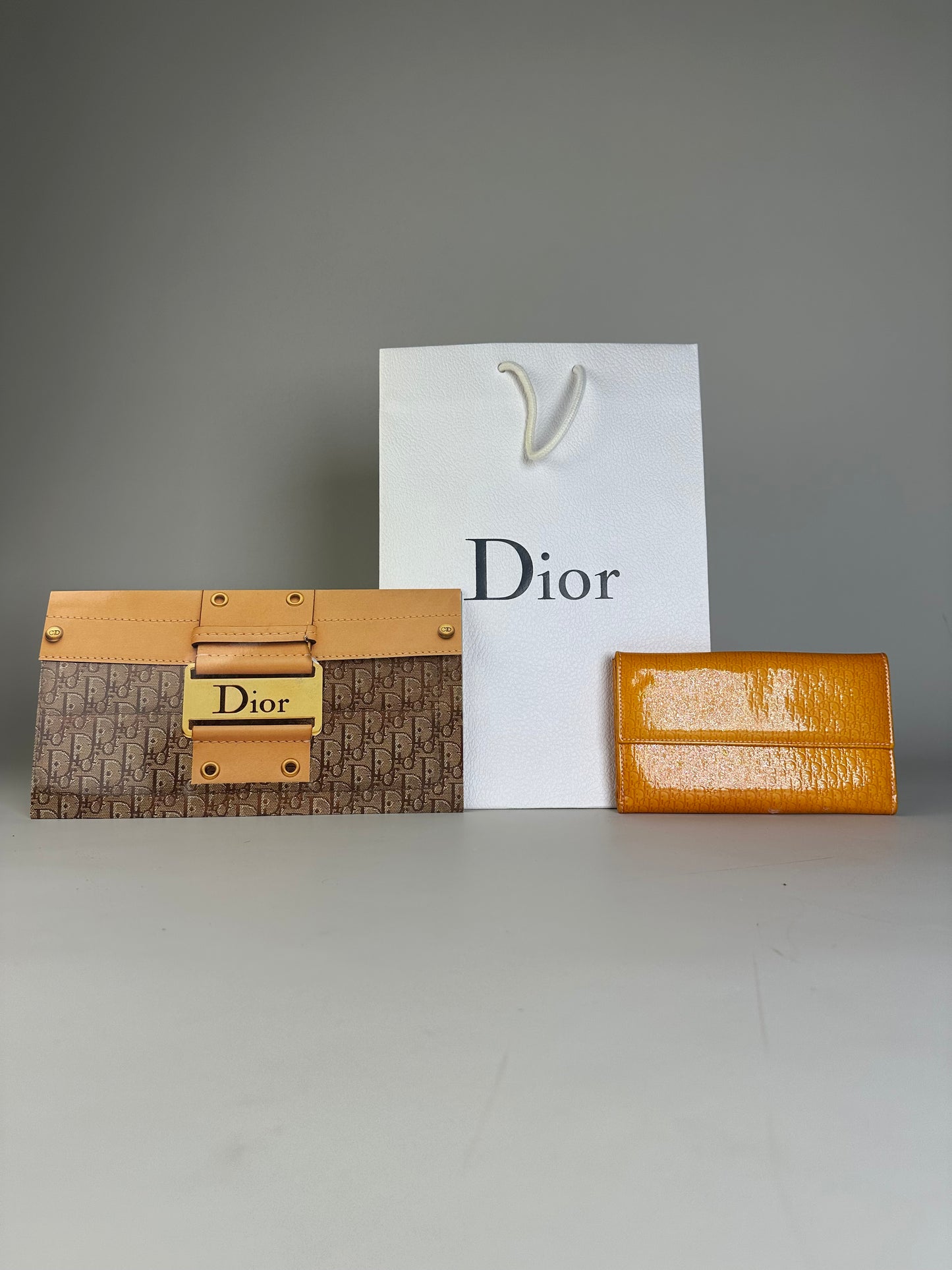 Vintage Dior Patent Logo Wallet Orange Gold