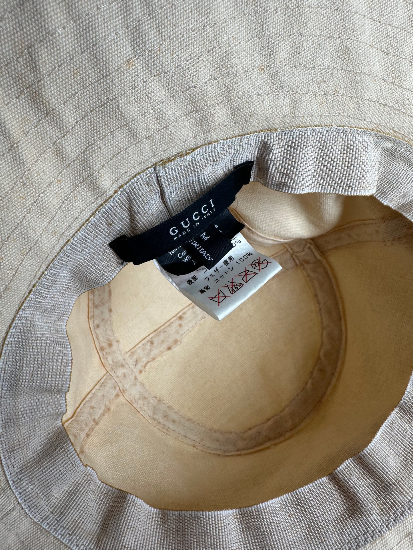 Vintage Gucci Wide Brim Feather Band Hat Beige Brown M