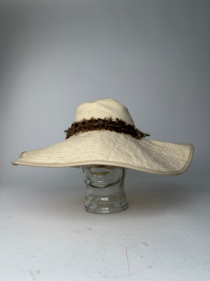Vintage Gucci Wide Brim Feather Band Hat Beige Brown M