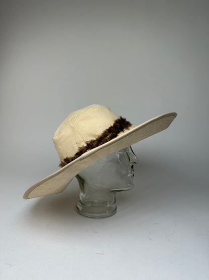 Vintage Gucci Wide Brim Feather Band Hat Beige Brown M