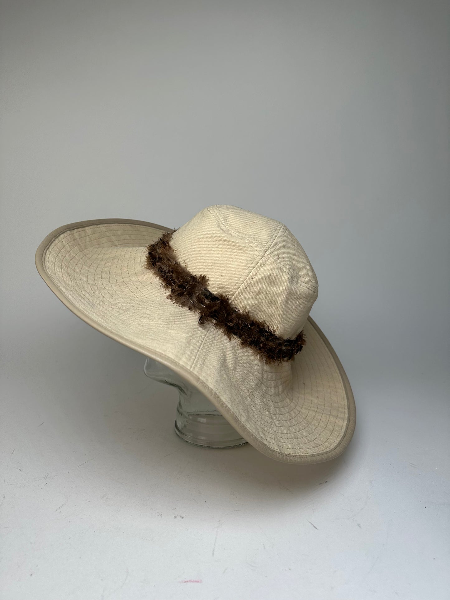 Vintage Gucci Wide Brim Feather Band Hat Beige Brown M