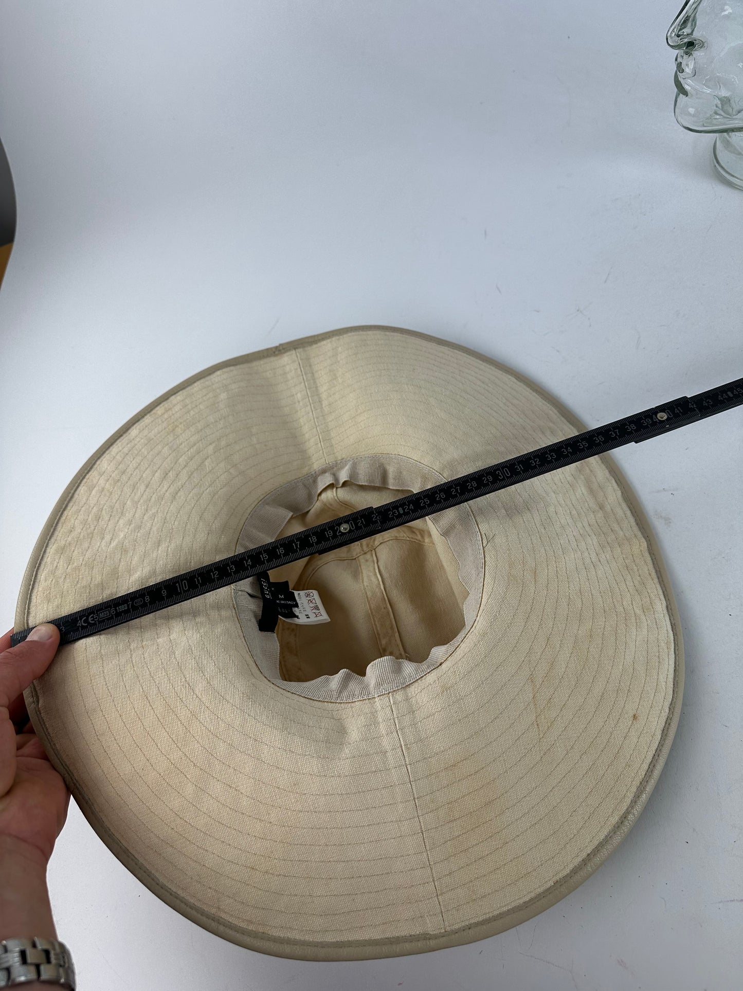 Vintage Gucci Wide Brim Feather Band Hat Beige Brown M