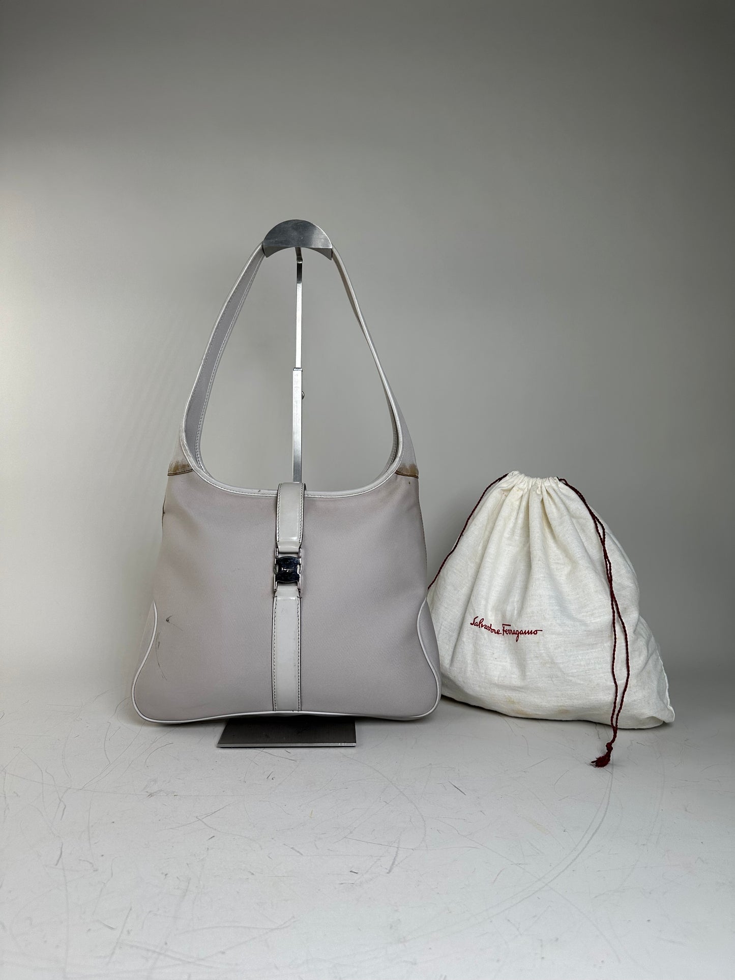 Vintage Ferragamo Fabric Shoulder Bag Light Grey Silver