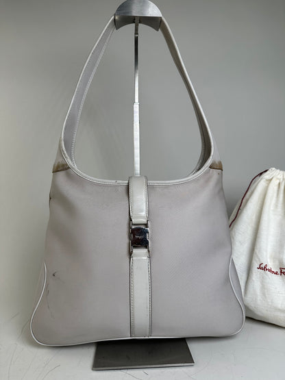 Vintage Ferragamo Fabric Shoulder Bag Light Grey Silver