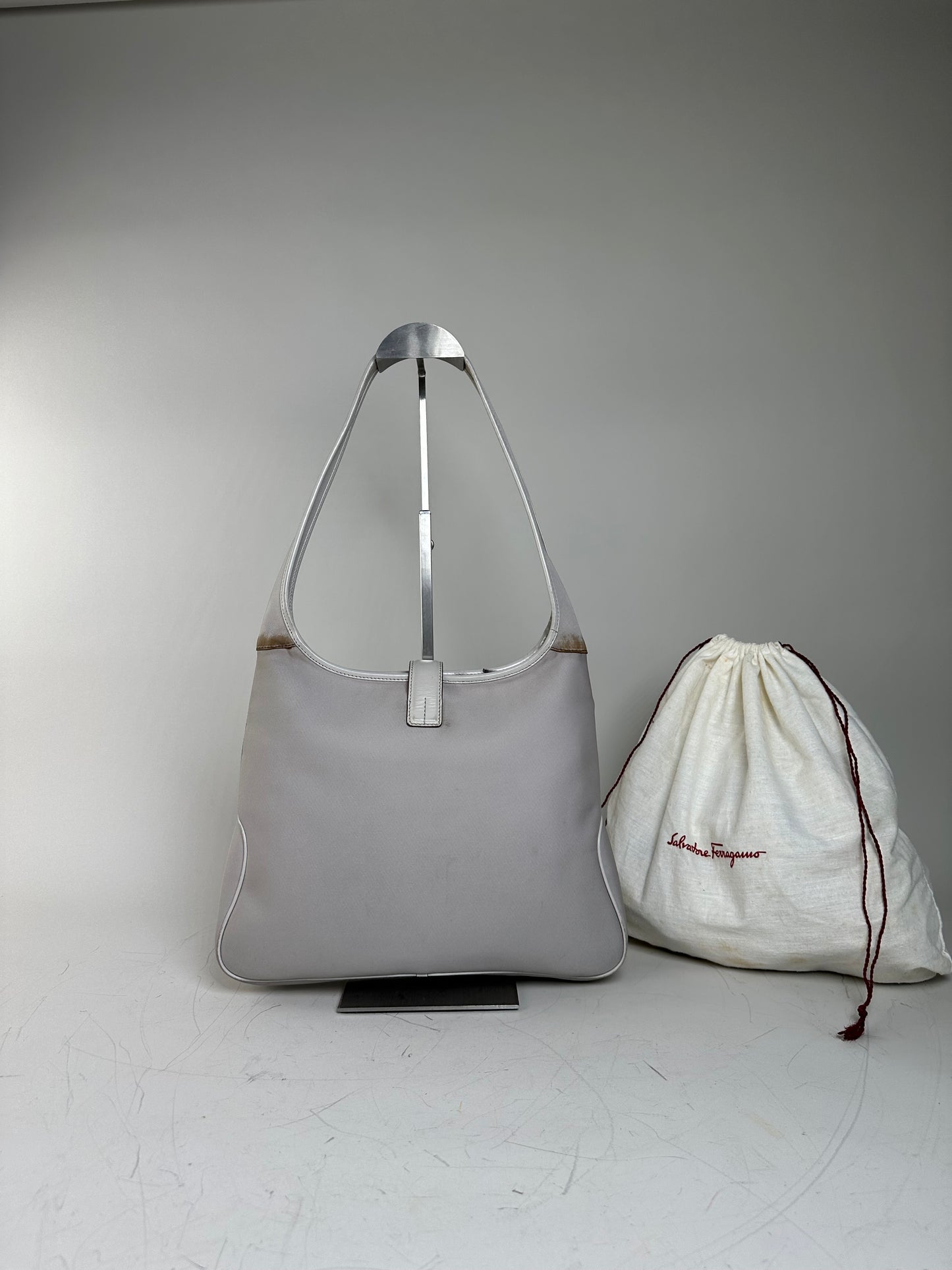 Vintage Ferragamo Fabric Shoulder Bag Light Grey Silver