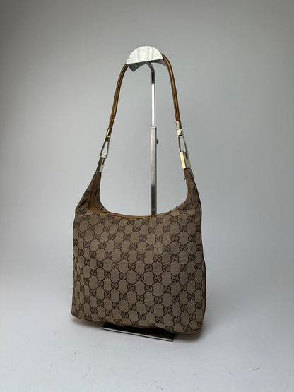Vintage Gucci GG Monogram Canvas Shoulder Bag Beige Brown