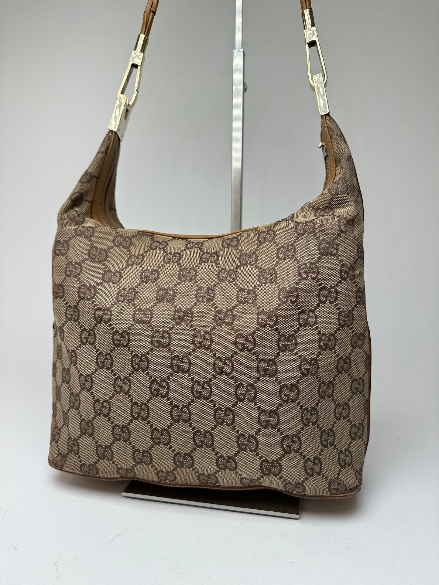 Vintage Gucci GG Monogram Canvas Shoulder Bag Beige Brown