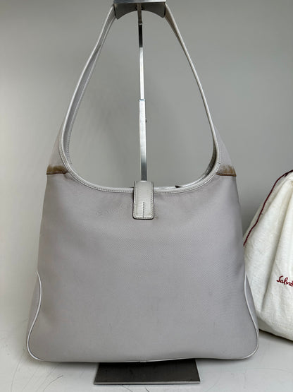 Vintage Ferragamo Fabric Shoulder Bag Light Grey Silver