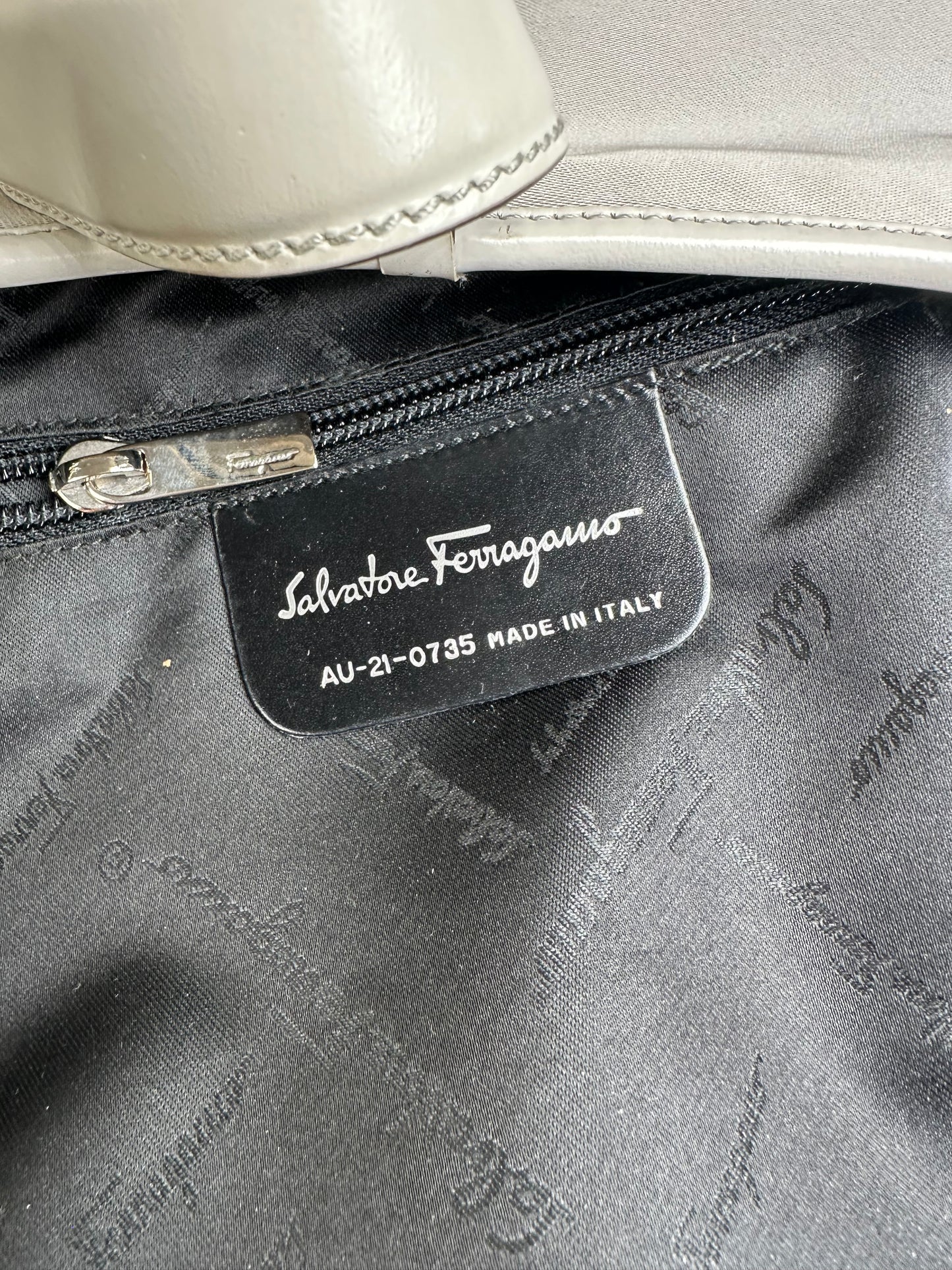 Vintage Ferragamo Fabric Shoulder Bag Light Grey Silver