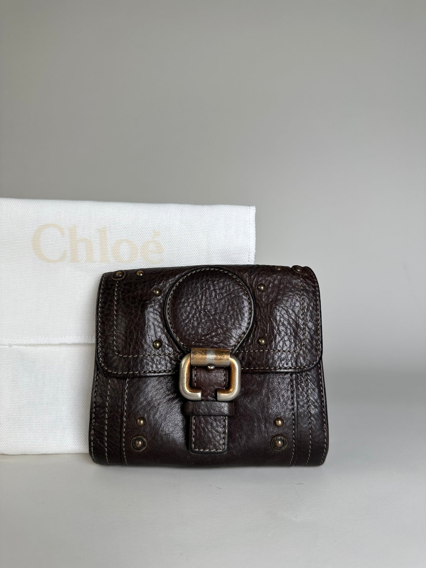 Vintage Chloe Pebbled Leather Wallet Dark Brown Gold