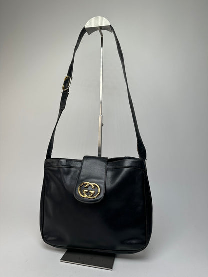 Vintage Gucci Smooth Leather Shoulder Bag Black