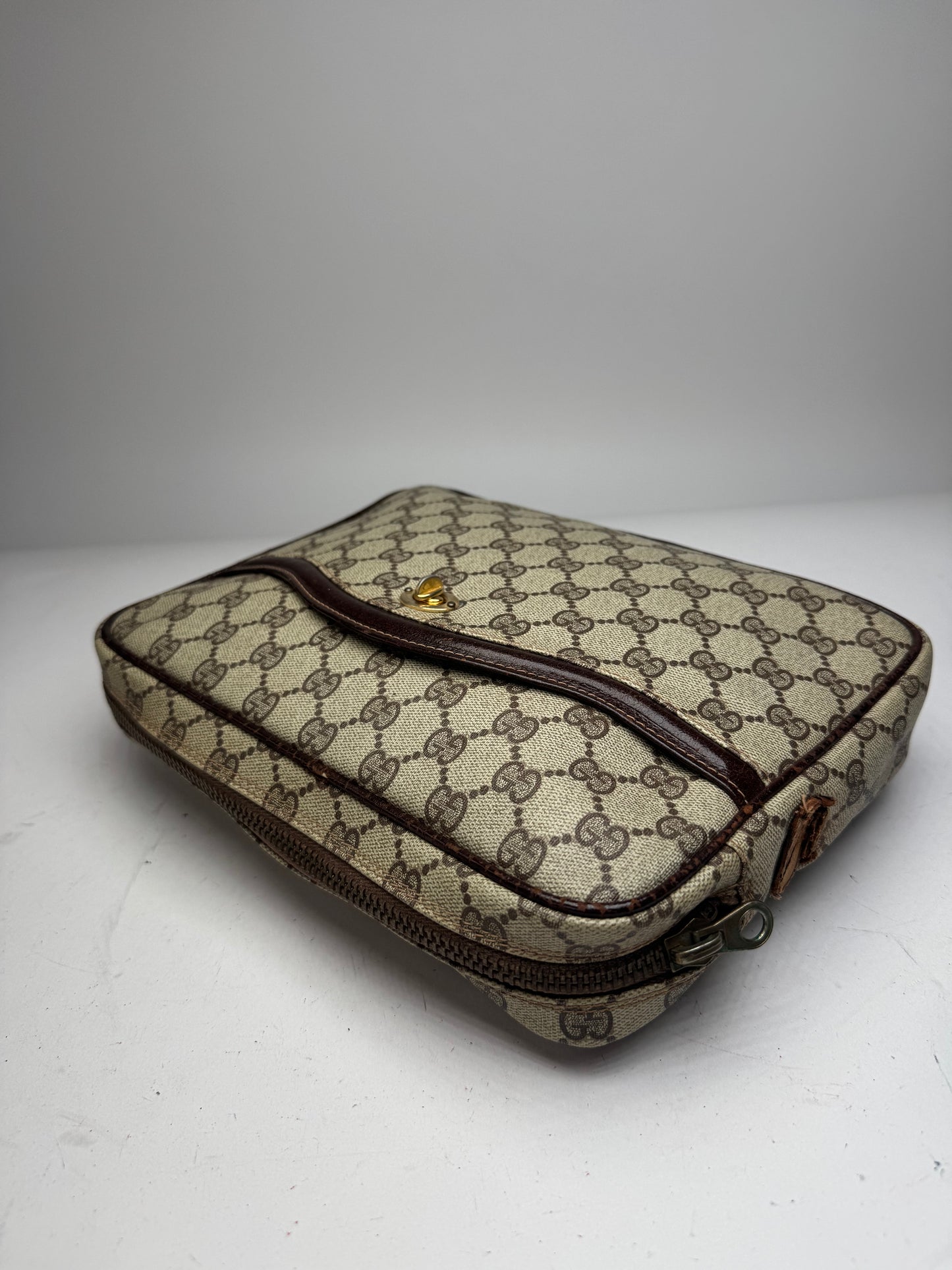 Vintage Gucci Ophidia Monogram Leather Clutch Grey Brown