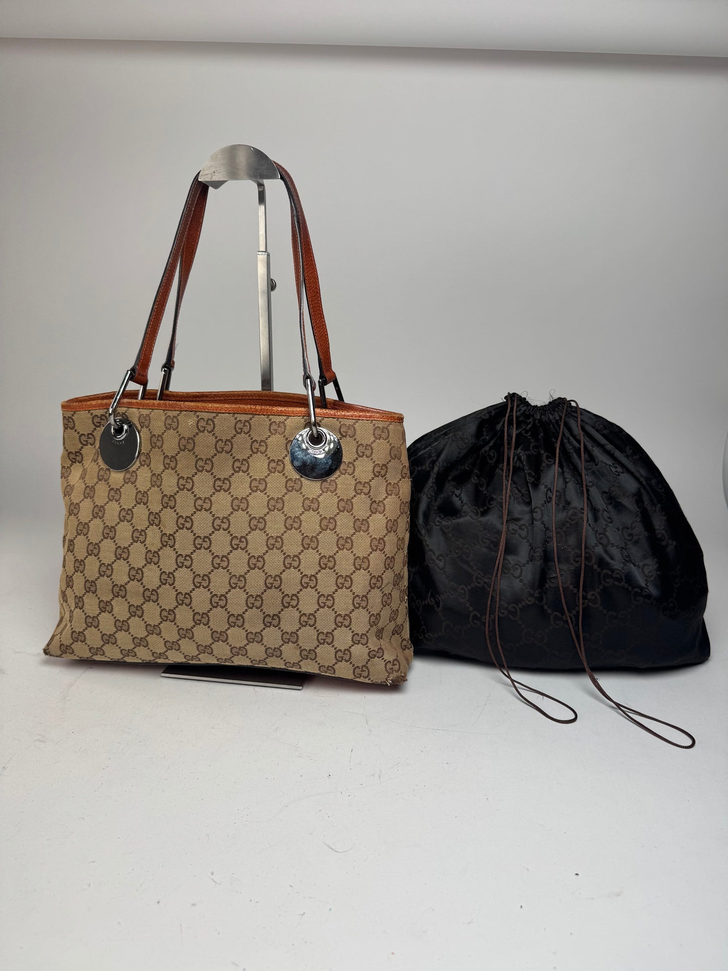 Vintage Gucci Monogram Leather Canvas Tote Beige Orange