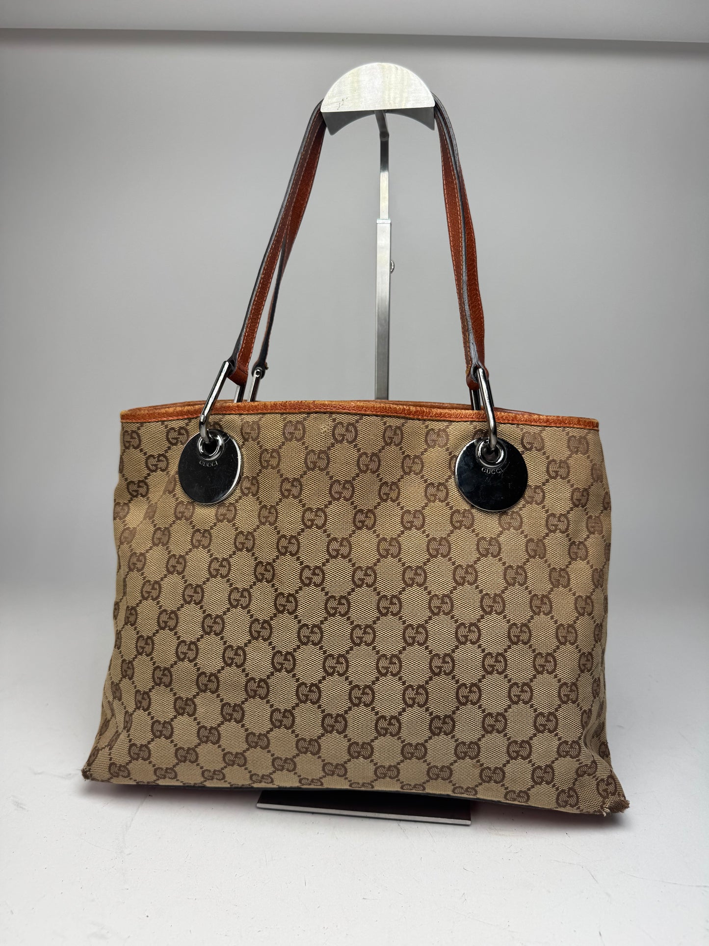 Vintage Gucci Monogram Leather Canvas Tote Beige Orange