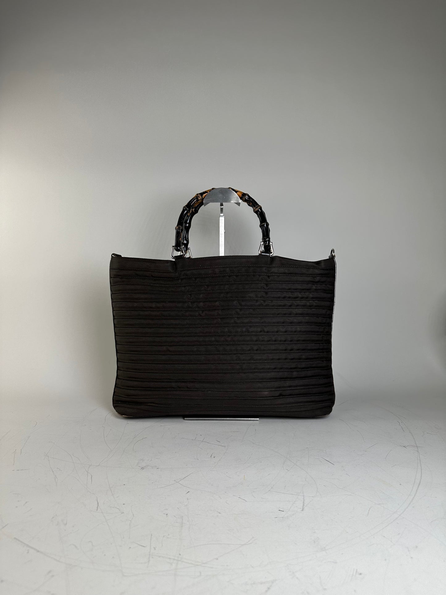 Vintage Gucci Nylon Tote Bag Dark Brown Silver