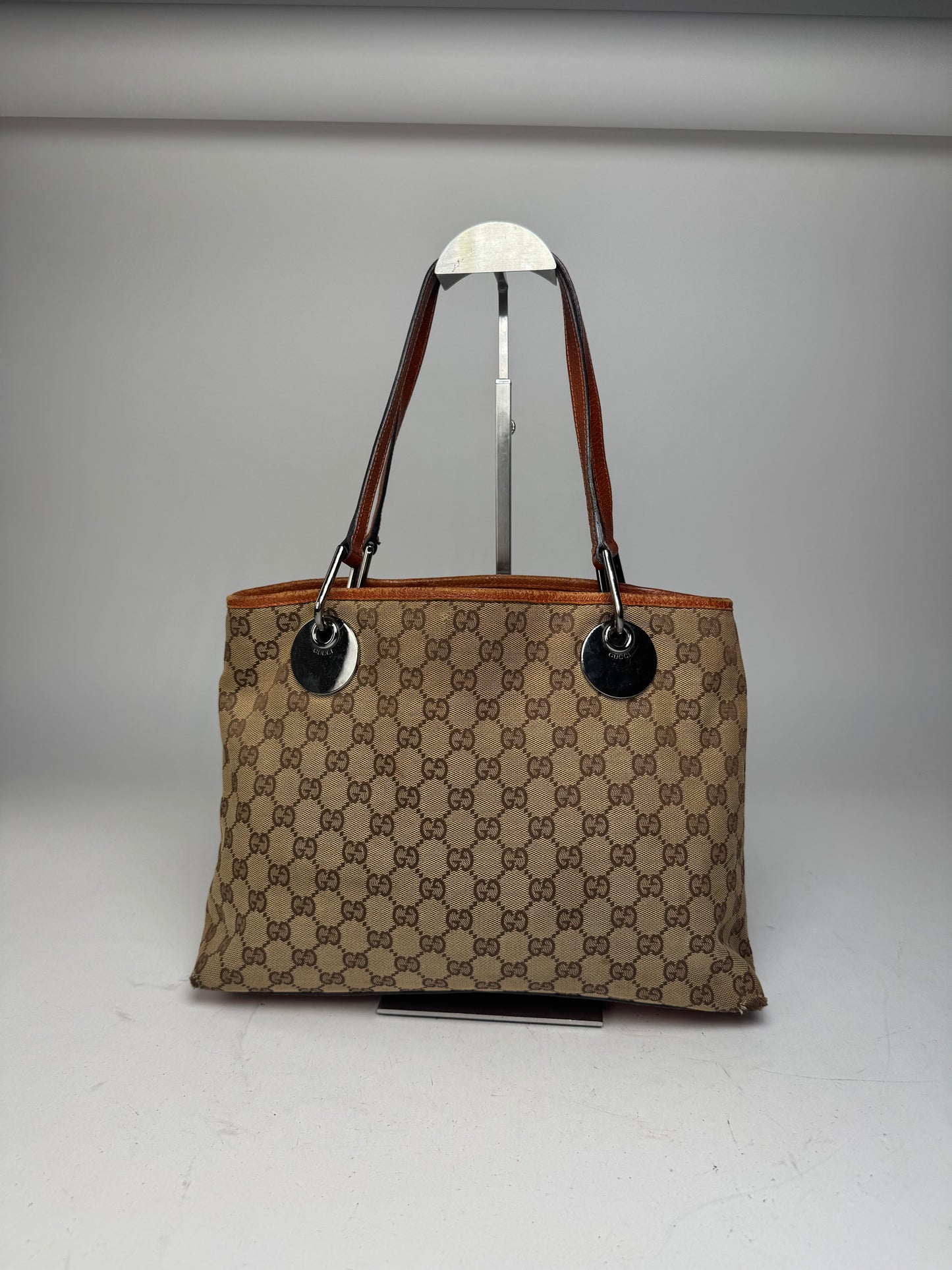 Vintage Gucci Monogram Leather Canvas Tote Beige Orange
