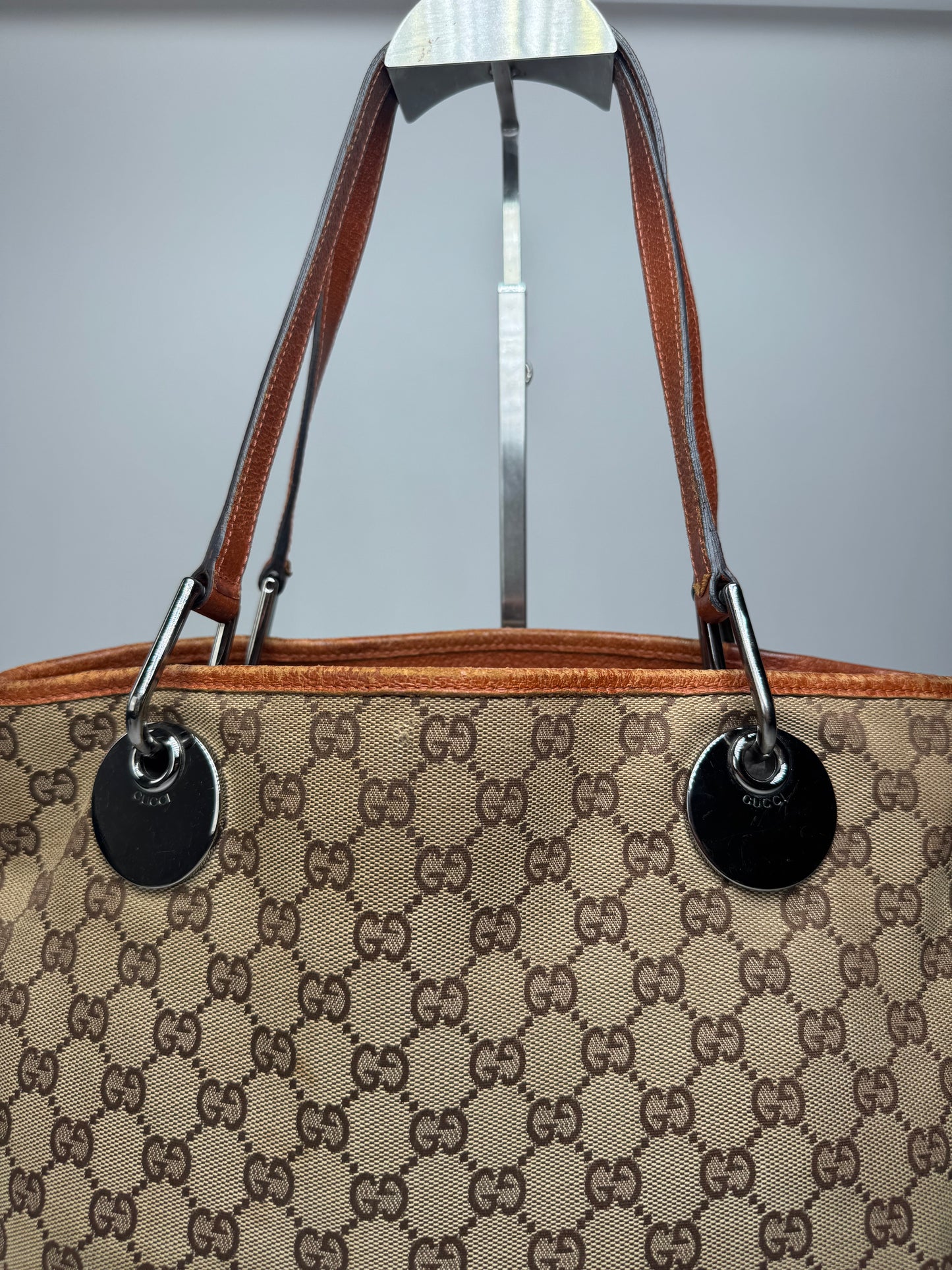 Vintage Gucci Monogram Leather Canvas Tote Beige Orange