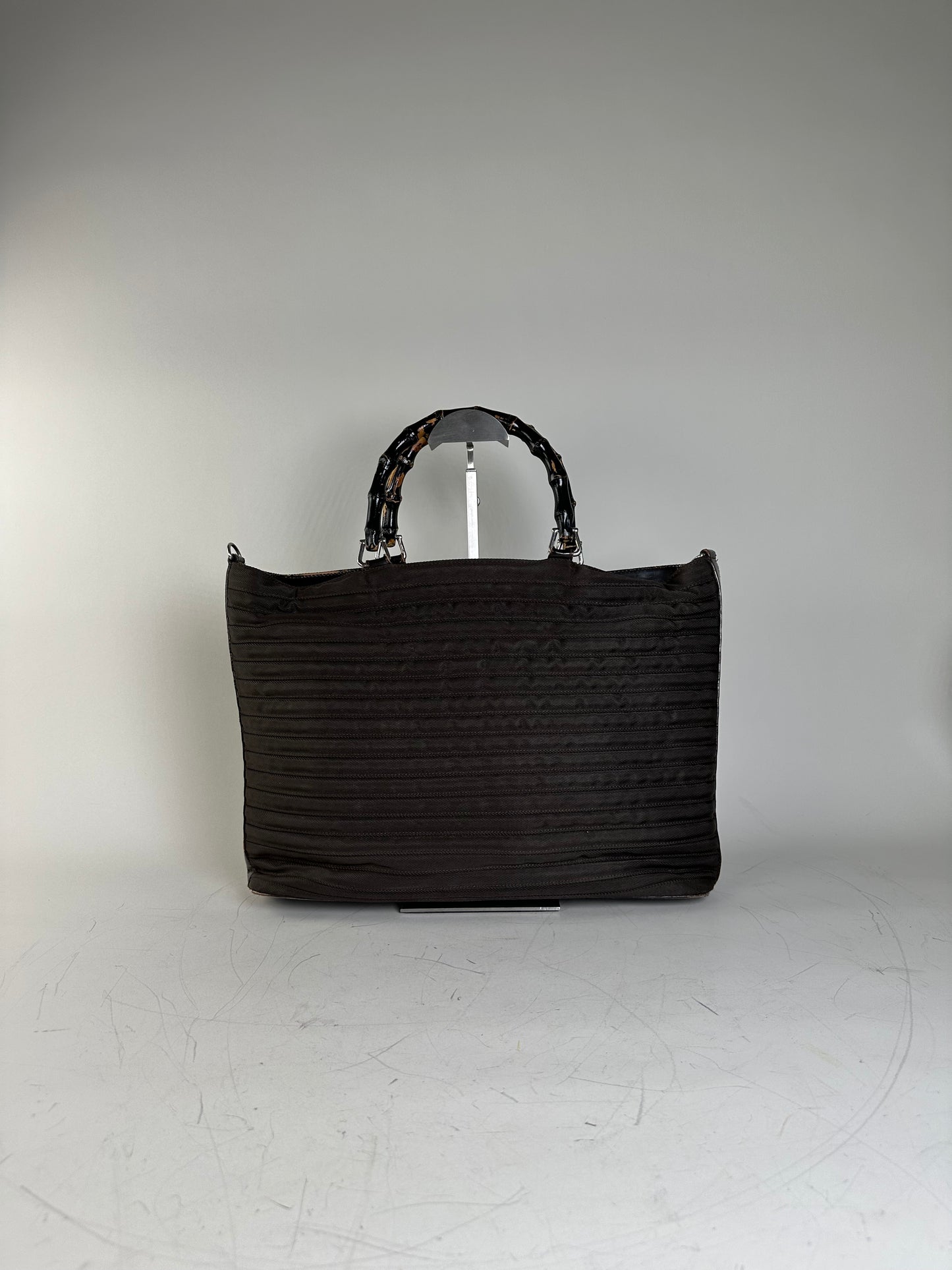 Vintage Gucci Nylon Tote Bag Dark Brown Silver