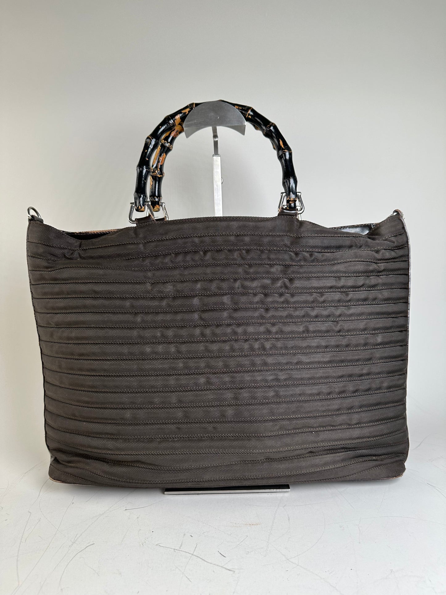 Vintage Gucci Nylon Tote Bag Dark Brown Silver