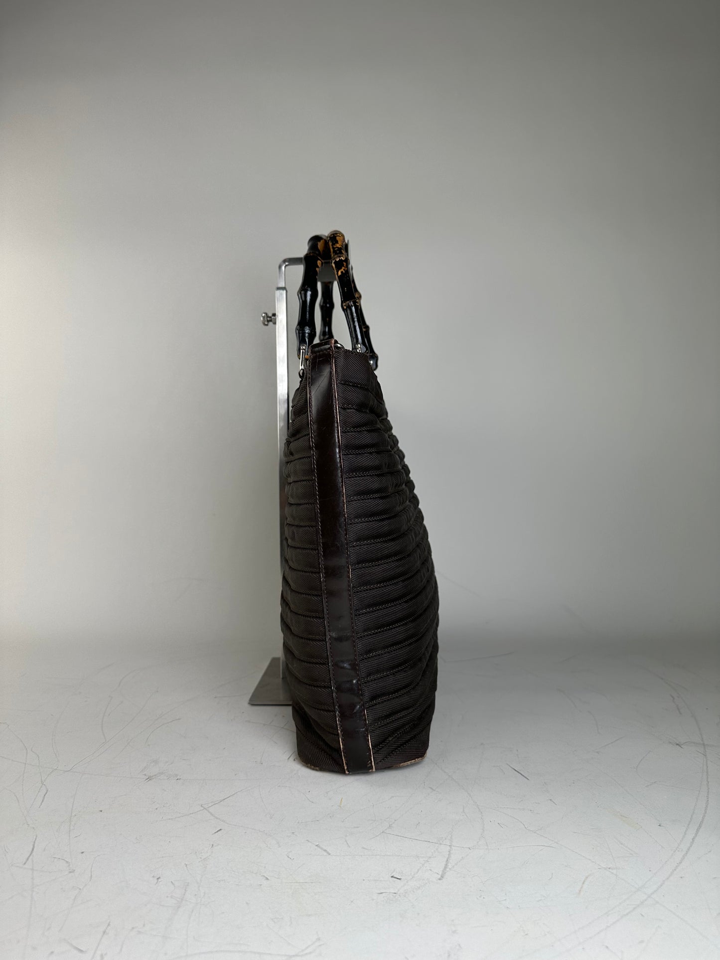 Vintage Gucci Nylon Tote Bag Dark Brown Silver