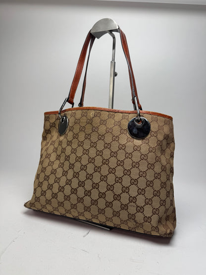 Vintage Gucci Monogram Leather Canvas Tote Beige Orange