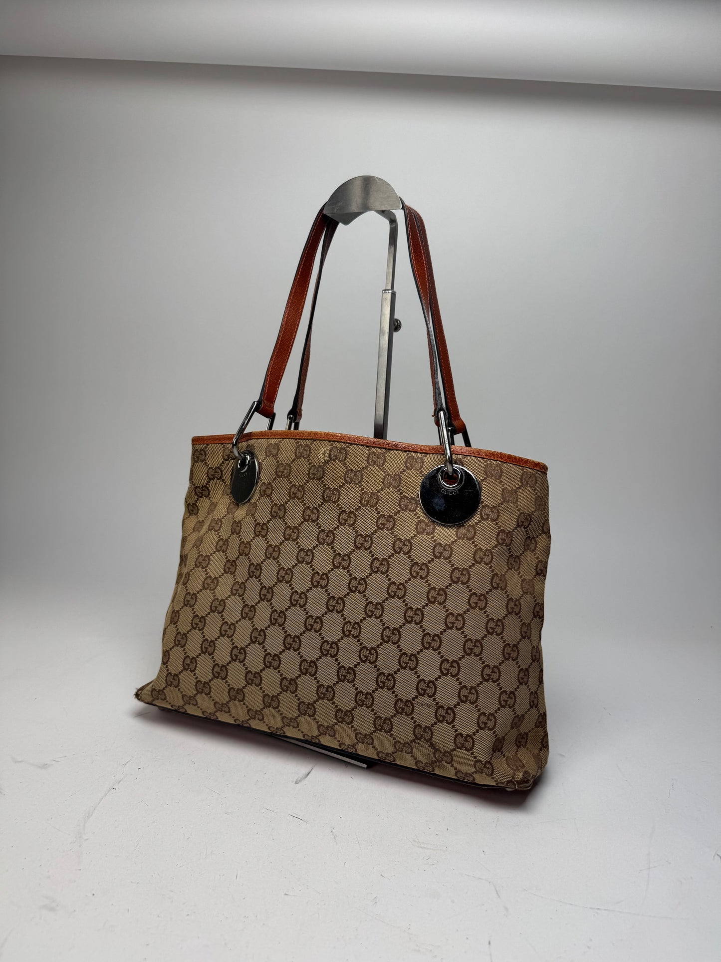 Vintage Gucci Monogram Leather Canvas Tote Beige Orange