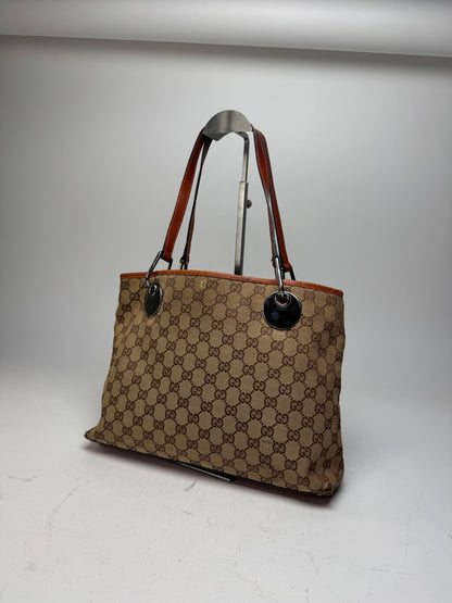 Vintage Gucci Monogram Leather Canvas Tote Beige Orange