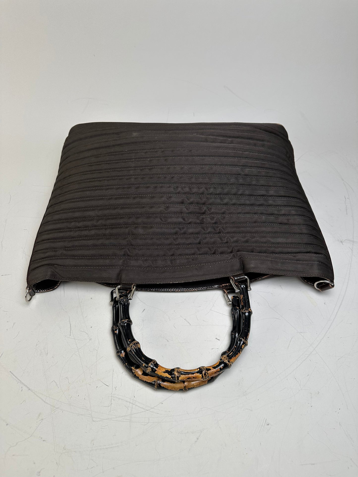 Vintage Gucci Nylon Tote Bag Dark Brown Silver