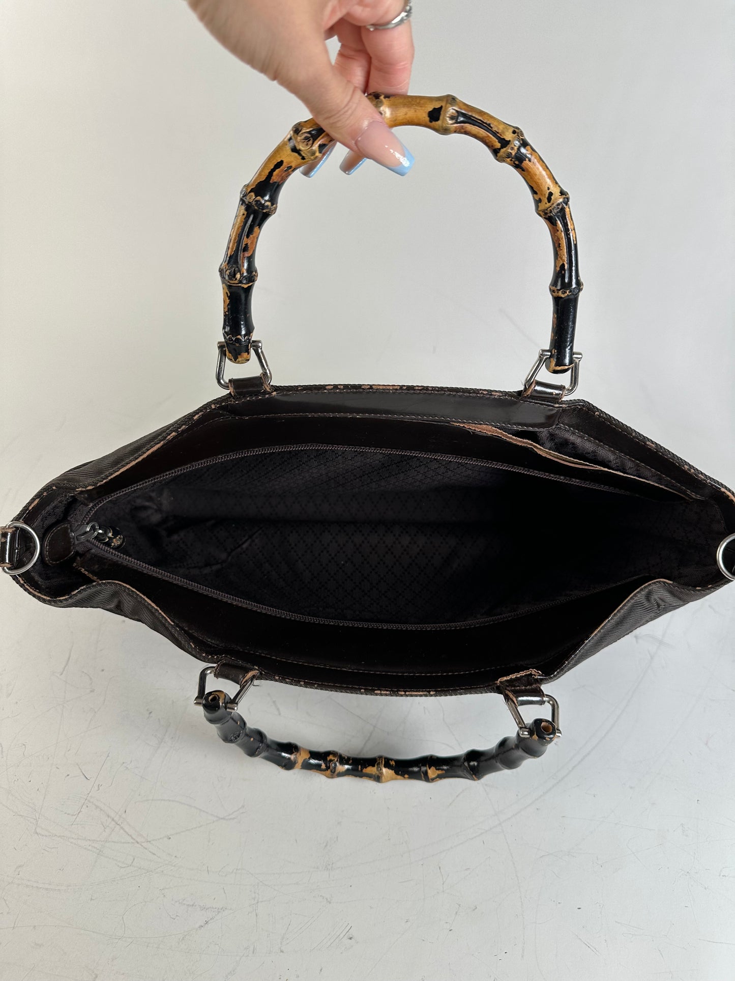 Vintage Gucci Nylon Tote Bag Dark Brown Silver