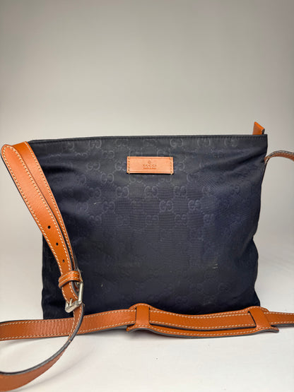 Vintage Gucci Monogram Canvas Leather Shoulder / Crossbody Bag Black Brown
