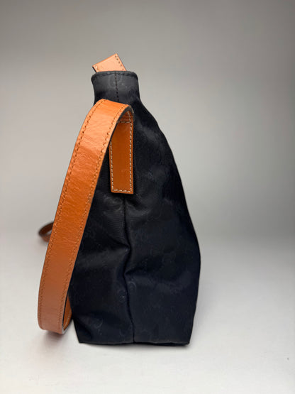 Vintage Gucci Monogram Canvas Leather Shoulder / Crossbody Bag Black Brown