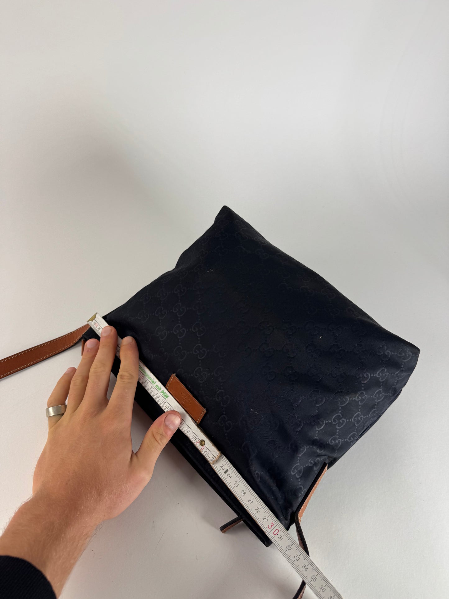 Vintage Gucci Monogram Canvas Leather Shoulder / Crossbody Bag Black Brown